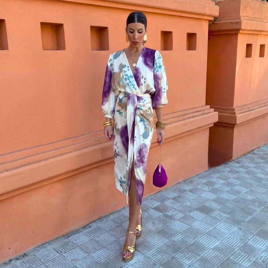 Vestido midi cruzado tie dye de mujer | manga larga