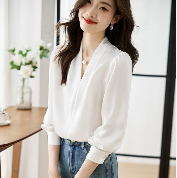 Dame Bluse med Puffede Ærmer | V-udskæring
